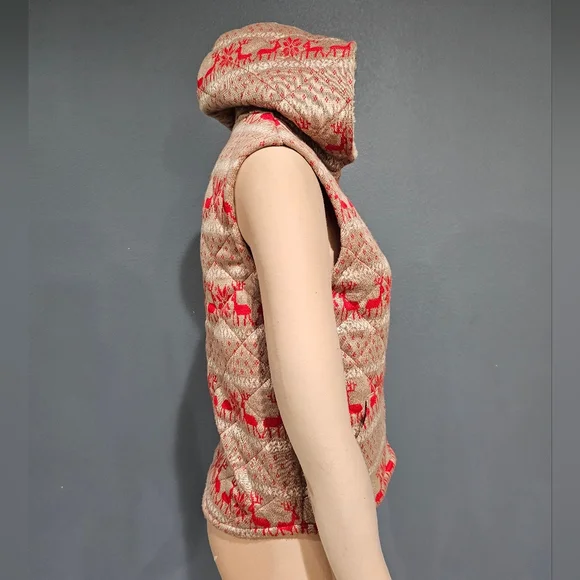 FREE PEOPLE Women Fair Isle Reindeer Hooded Quilted Red Beige Vest S - Picture 4 of 8